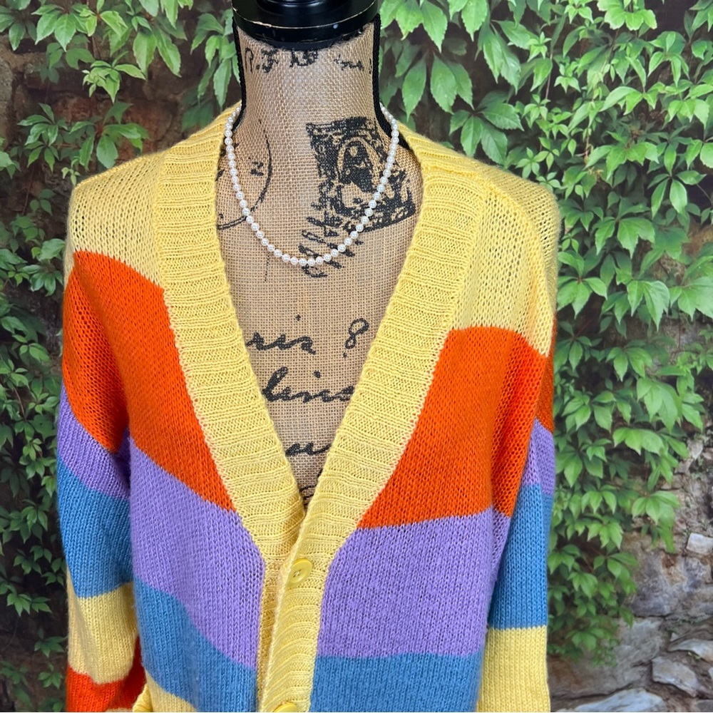 LULAROE Chunky Colorful Cozy Rainbow Striped Oversized Cardigan Sweater, M - Picture 4 of 11